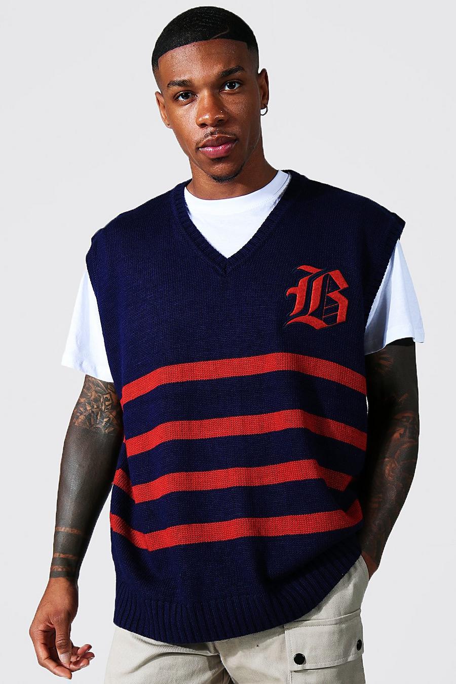 Cardigan oversize Varsity in maglia a righe effetto patchwork con stemma gotico, Navy azul marino image number 1
