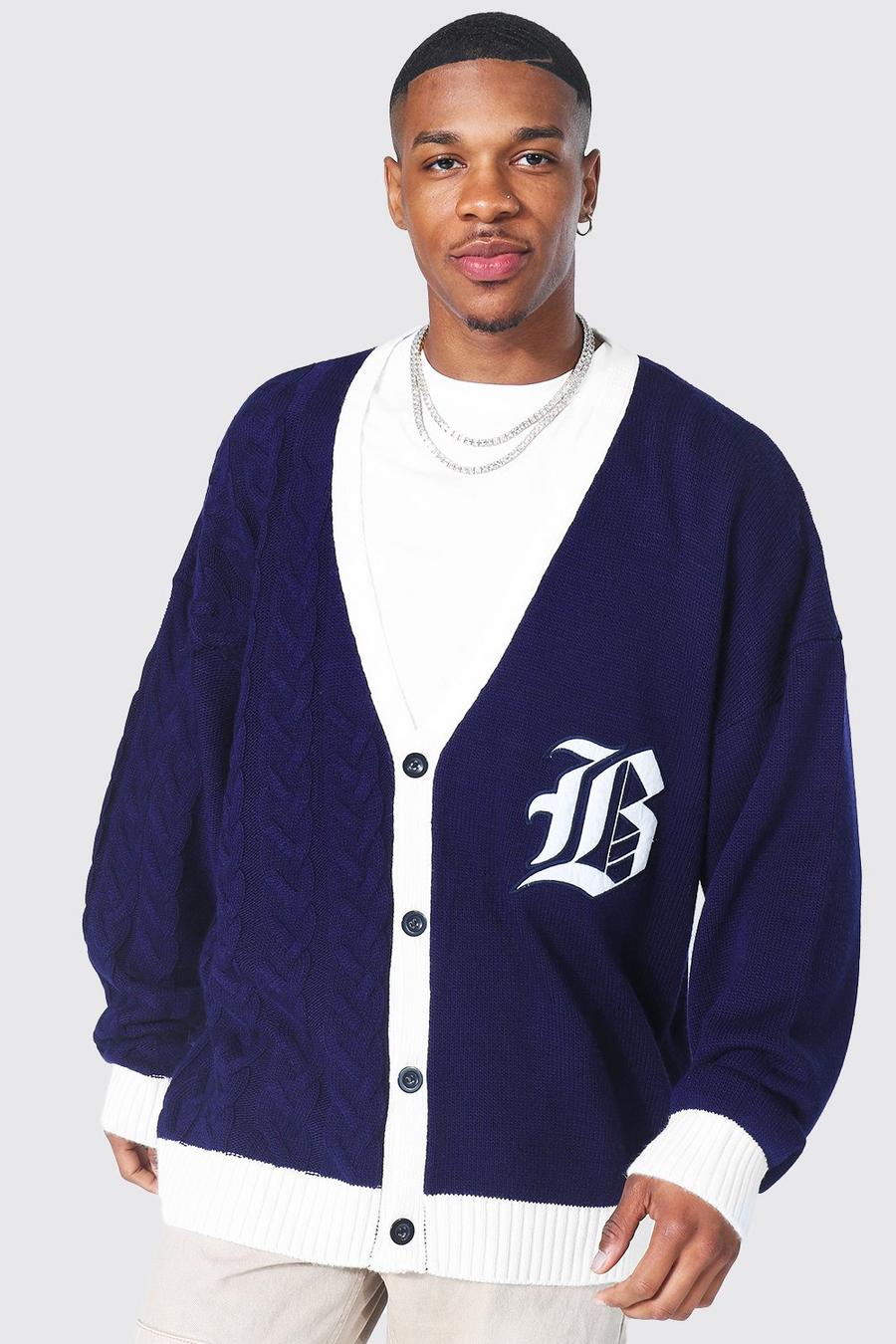 Cardigan oversize Varsity in maglia effetto patchwork con stemma gotico, Navy blu oltremare image number 1