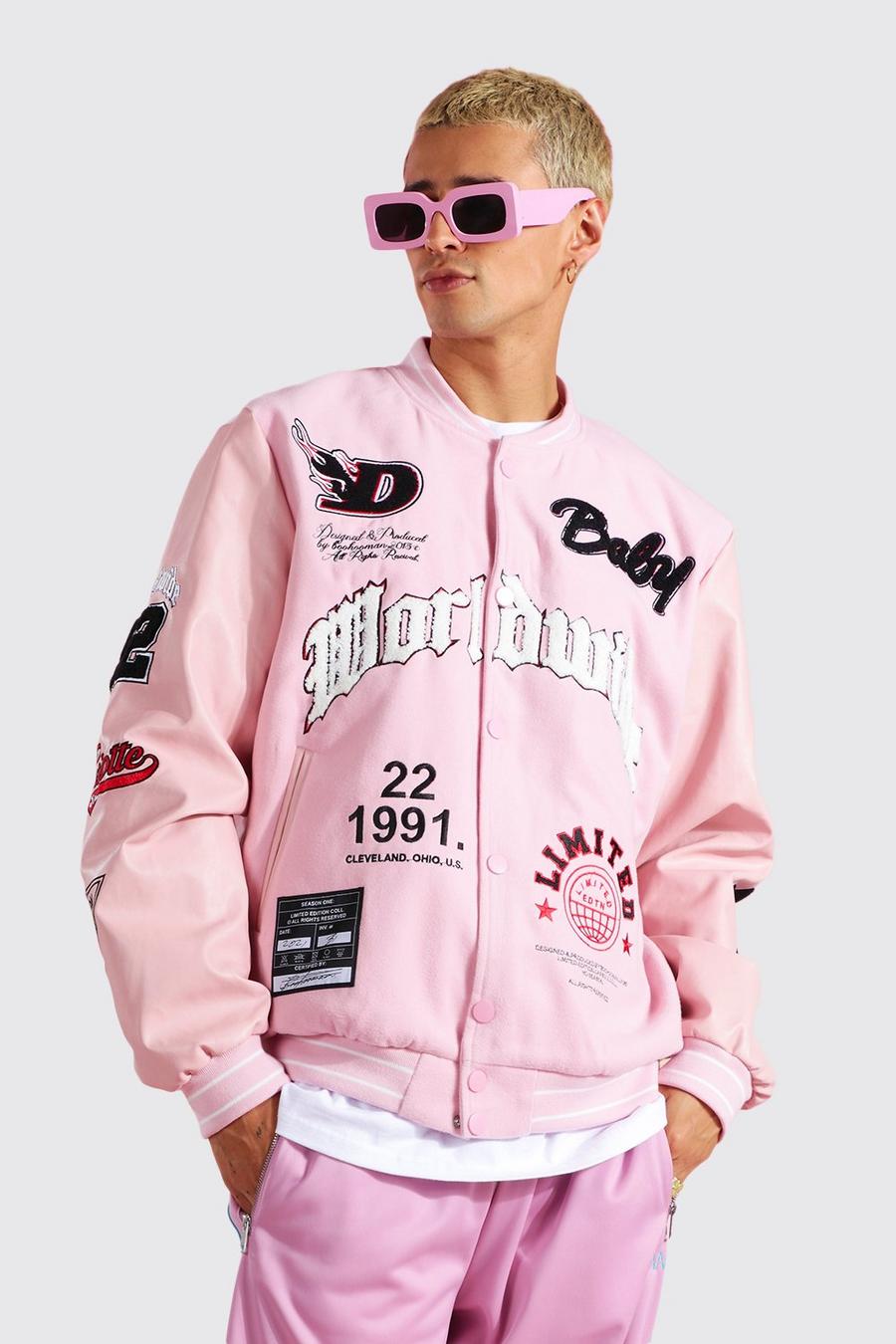 Pastel pink בומבר בסגנון נבחרת ספורט עם כיתוב Worldwide מקולקציית  image number 1