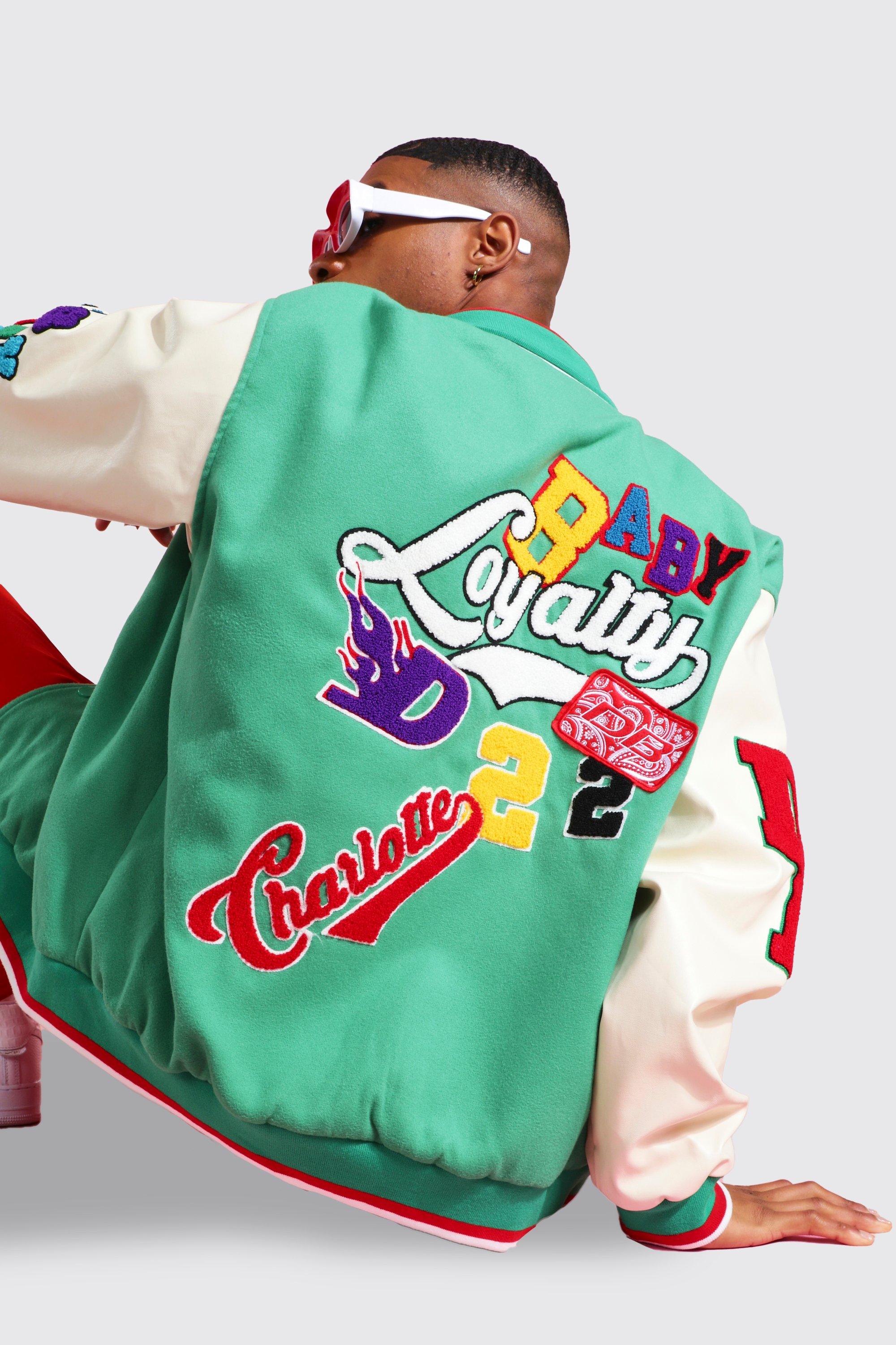 oversized loyalty varsity bomber boohoo