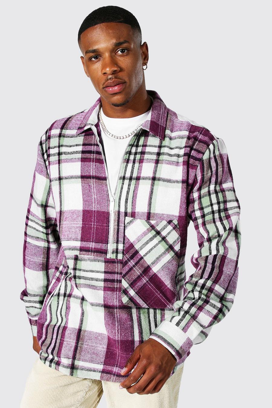 Purple violett Check Heavy Brushed Flannel Overshirt image number 1