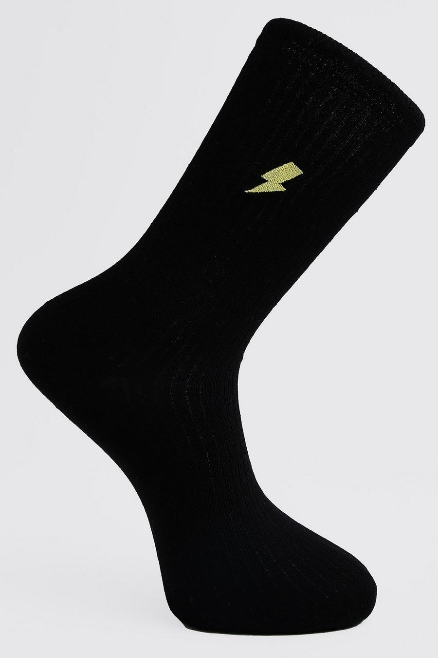 Black noir Lightning Bolt Embroidered Socks image number 1