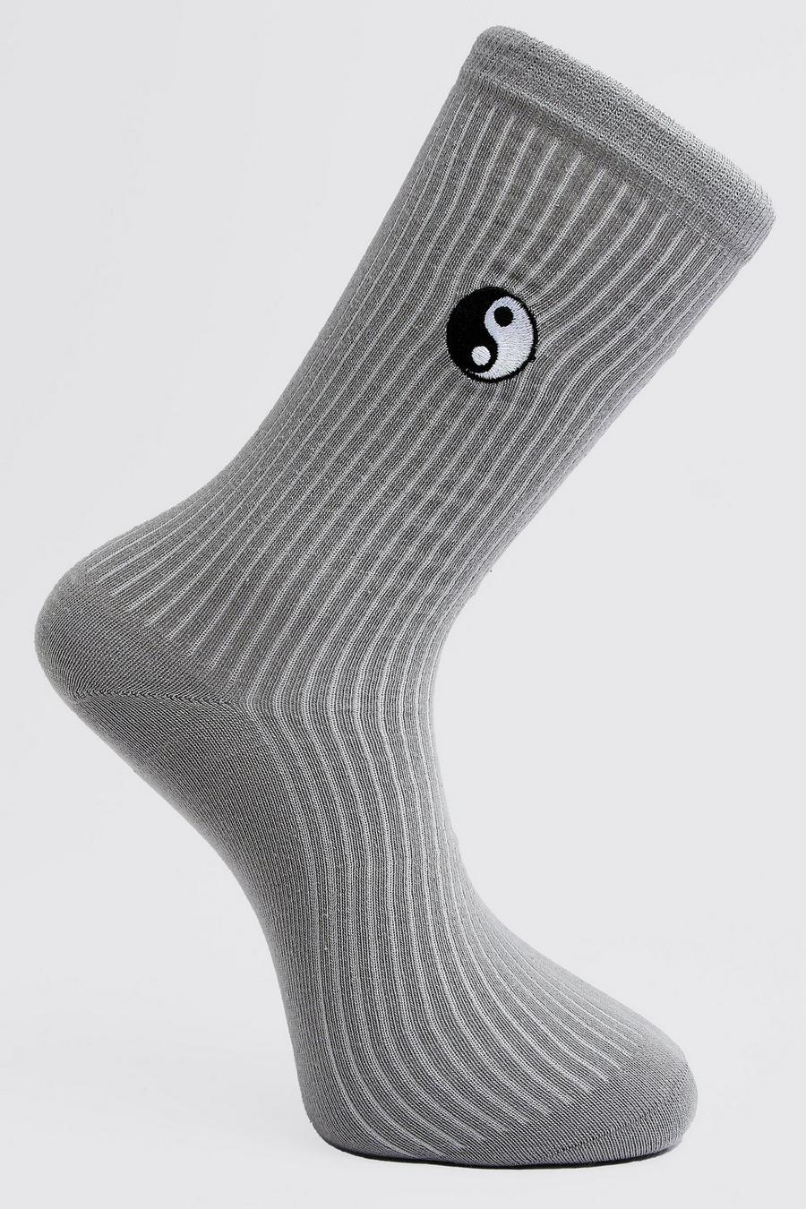 Grey Yin And Yang Embroidered Socks image number 1