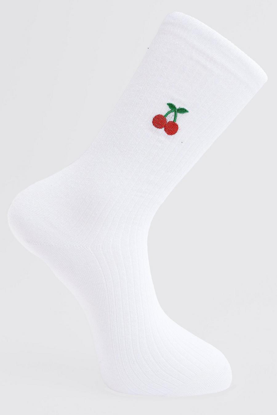 Bestickte Socken mit Kirschen, White image number 1