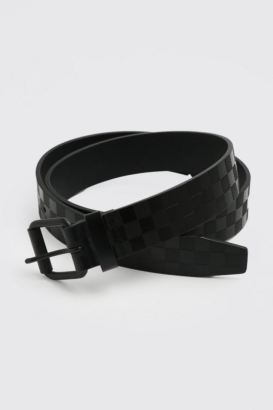 Cinturón de cuero sintético con estampado de cuadros de ajedrez en relieve, Black nero image number 1