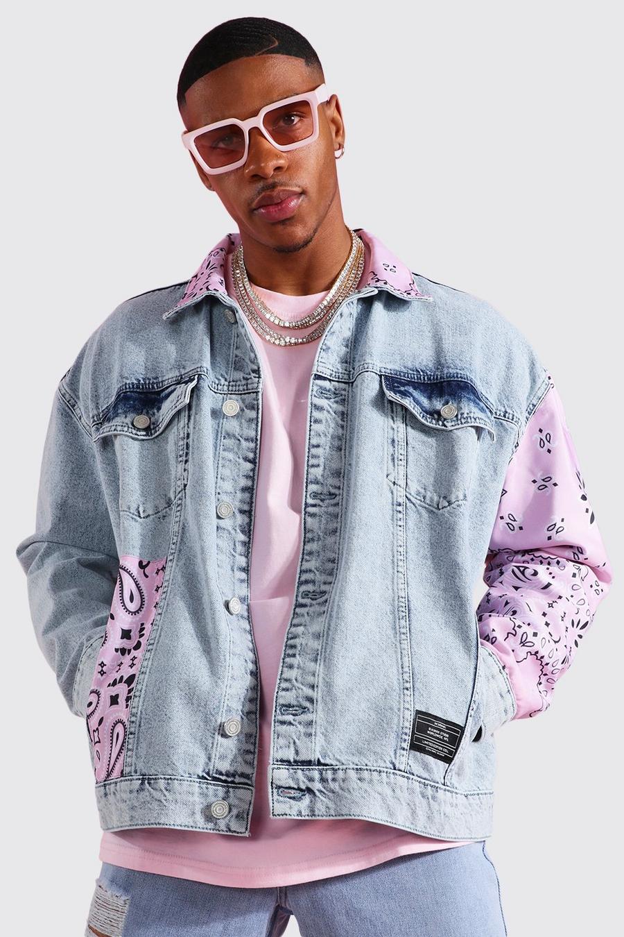 Oversized Patchwork Print Denim Jacket, Pink image number 1