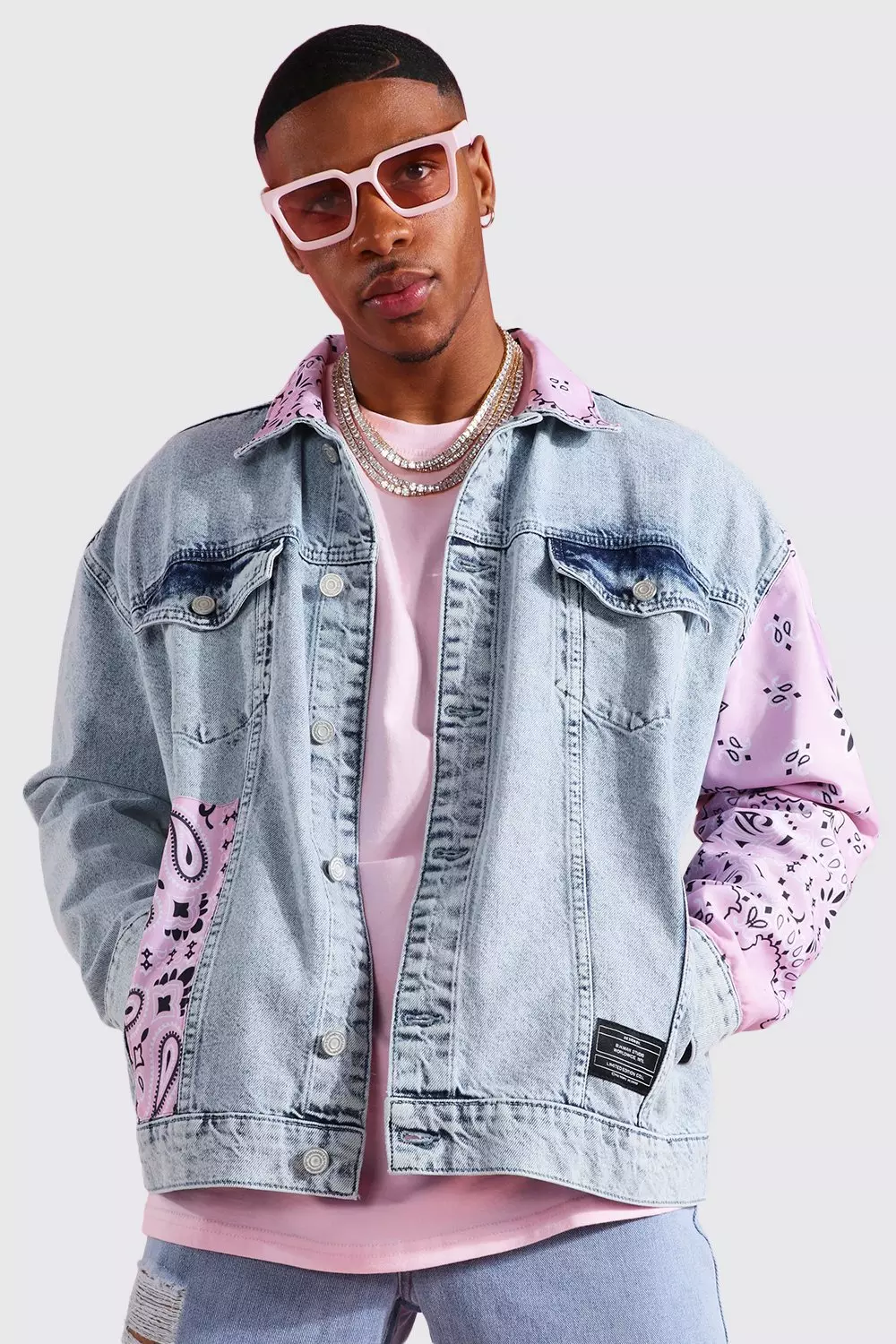 Pink patchwork denim on sale jacket