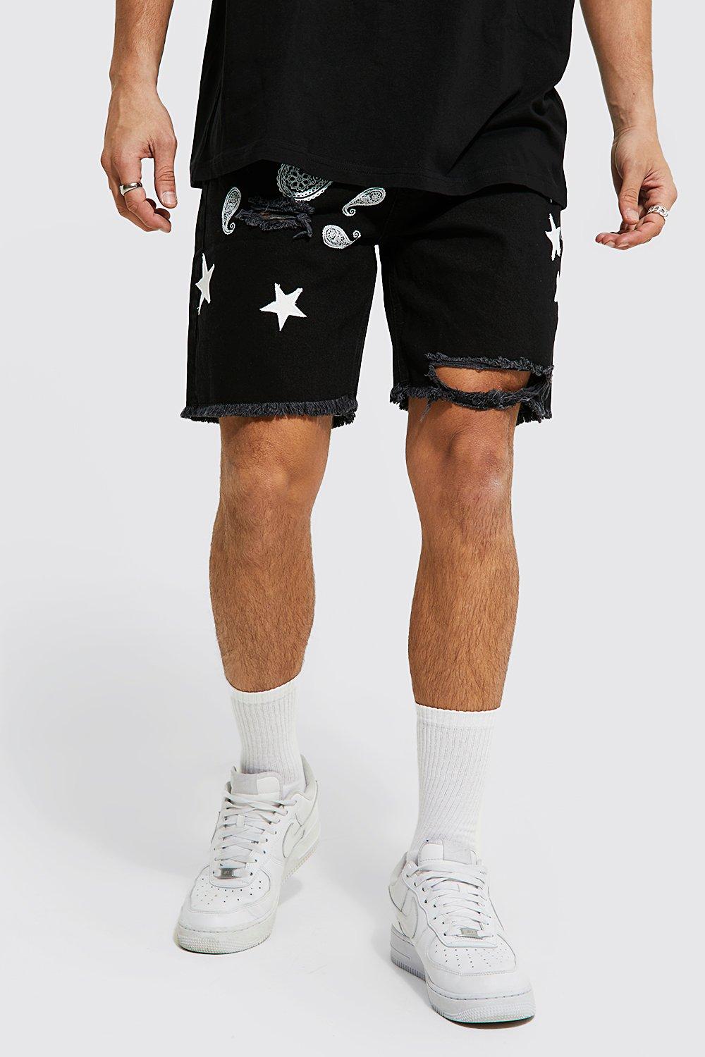 mens ripped denim shorts black