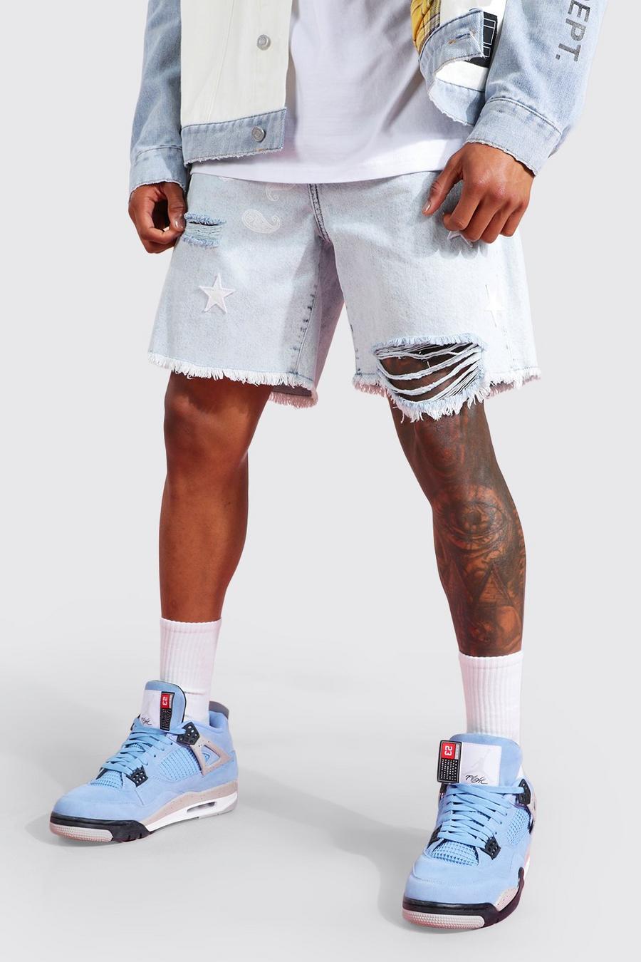 Ice blue Relaxed Star Ripped Jean Shorts image number 1