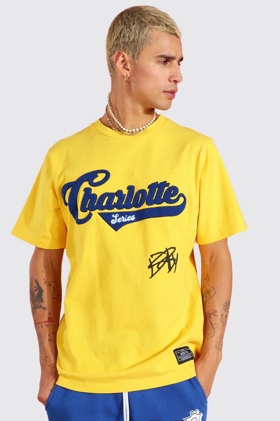 Yellow Distressed T-Shirt With Badges image number 1