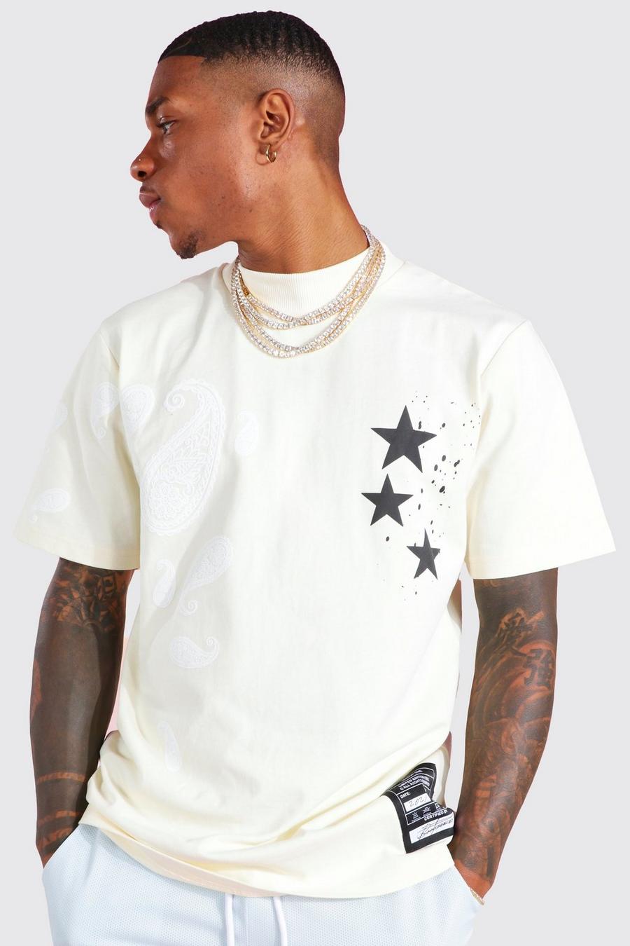 Camiseta con estampado cachemira de estrellas, Ecru bianco image number 1