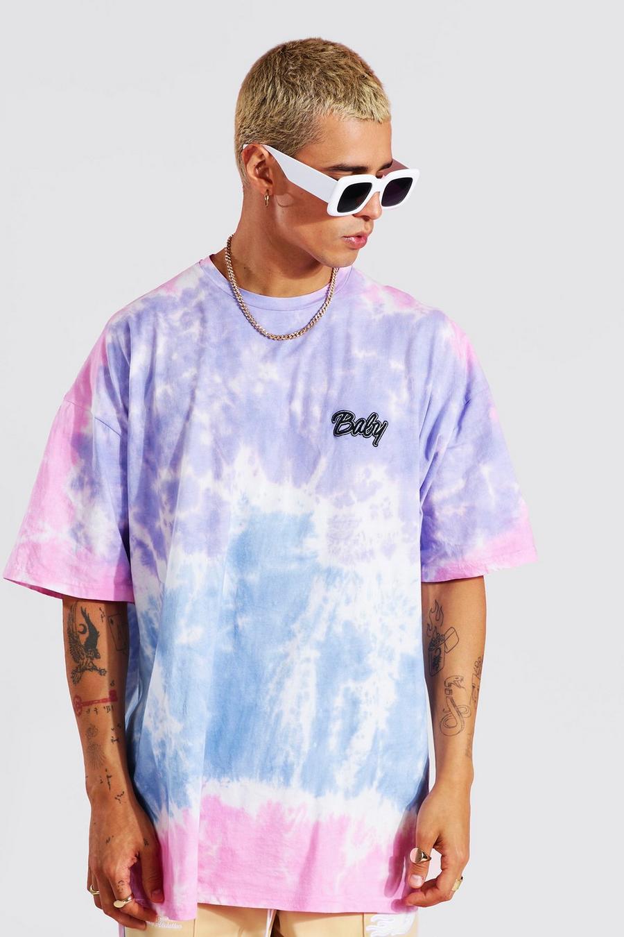 Purple Embroidered Oversized Tie Dye T-Shirt image number 1