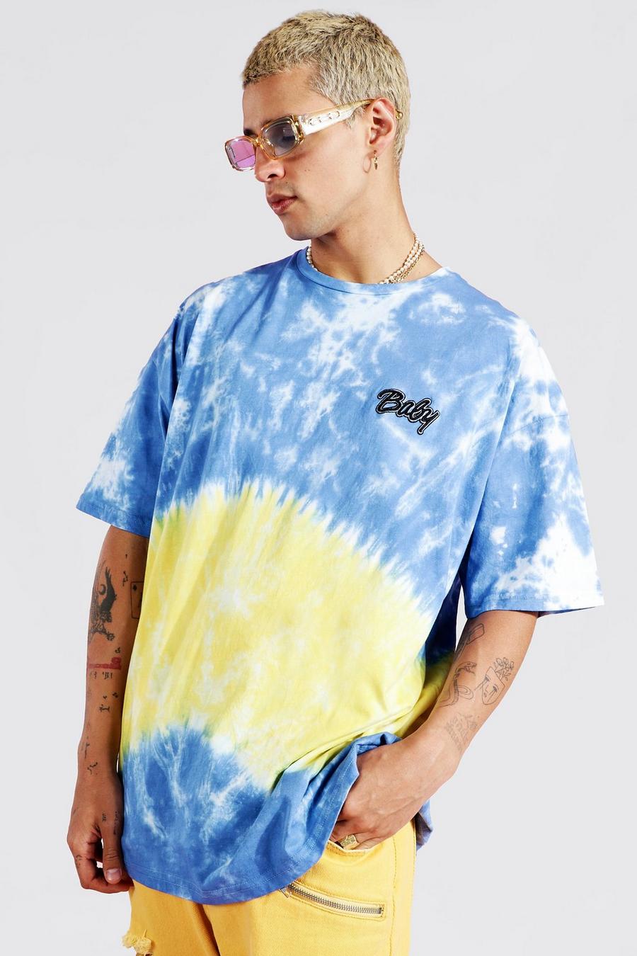 Blue Embroidered Oversized Tie Dye T-Shirt image number 1