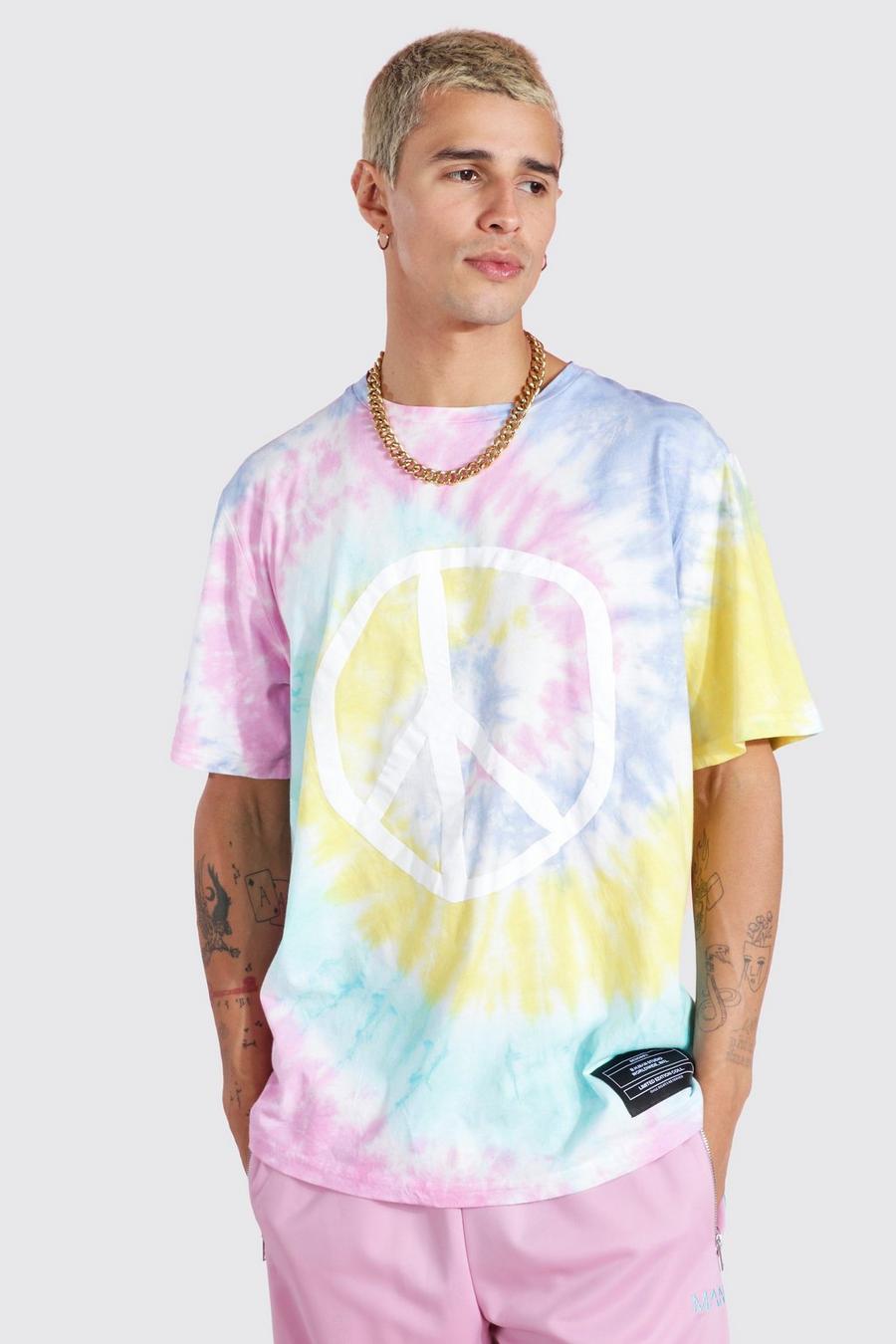 T-shirt in fantasia tie dye con segno della pace, Giallo image number 1