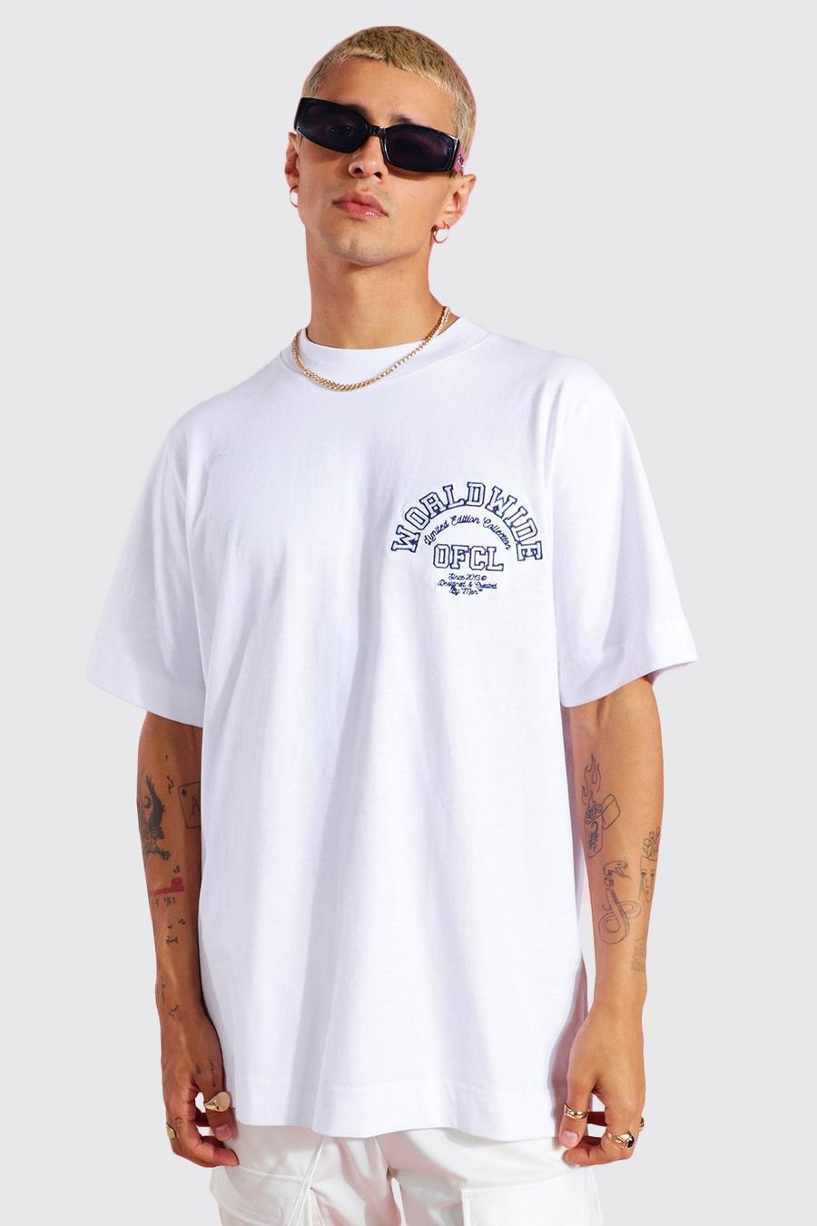 White vit T-shirt med brodyr i varsitystil image number 1