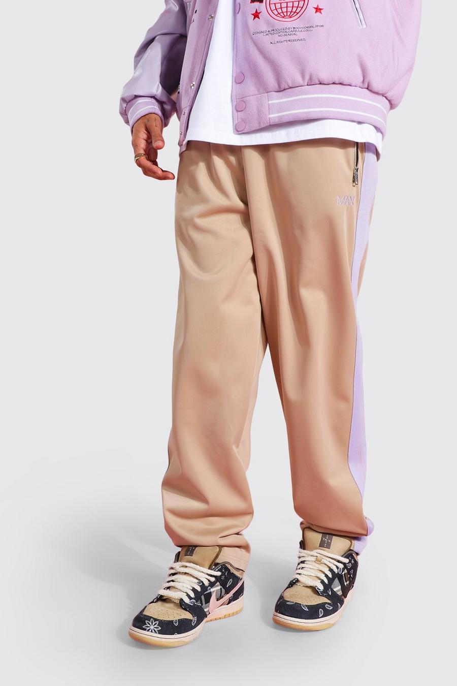 Pantalón deportivo de pernera ancha y tejido por urdimbre con línea lateral, Stone beige