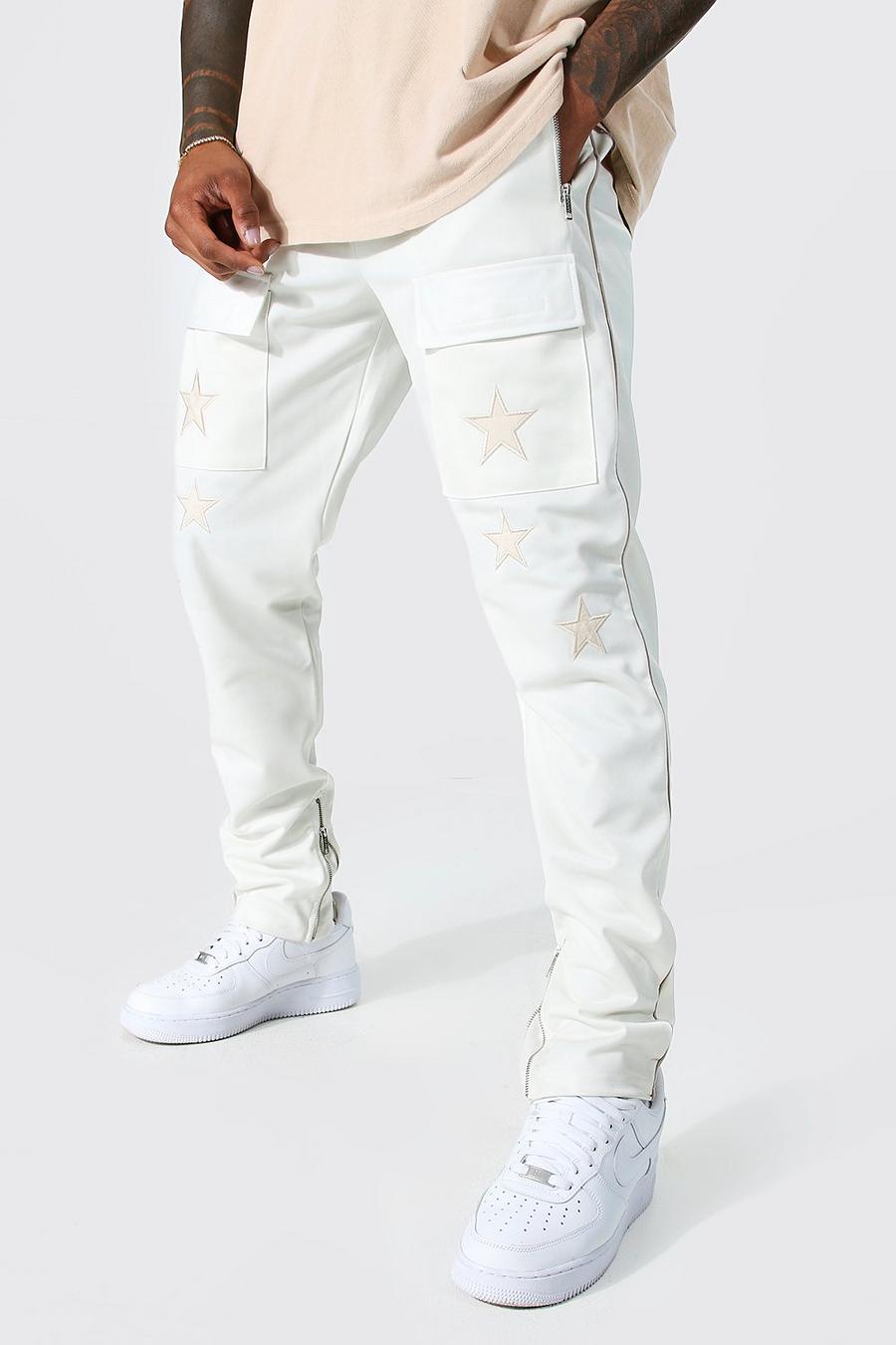 Pantalones de chándal pitillo cargo de tejido por urdimbre con estrella, Ecru bianco image number 1