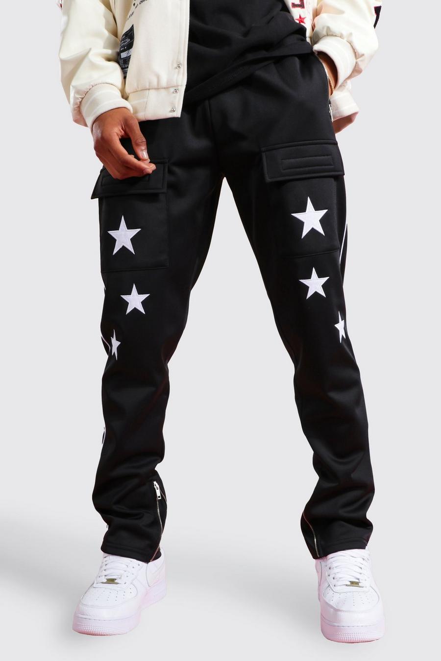 Pantalón deportivo pitillo cargo de tejido por urdimbre con estrella en el bajo, Black image number 1