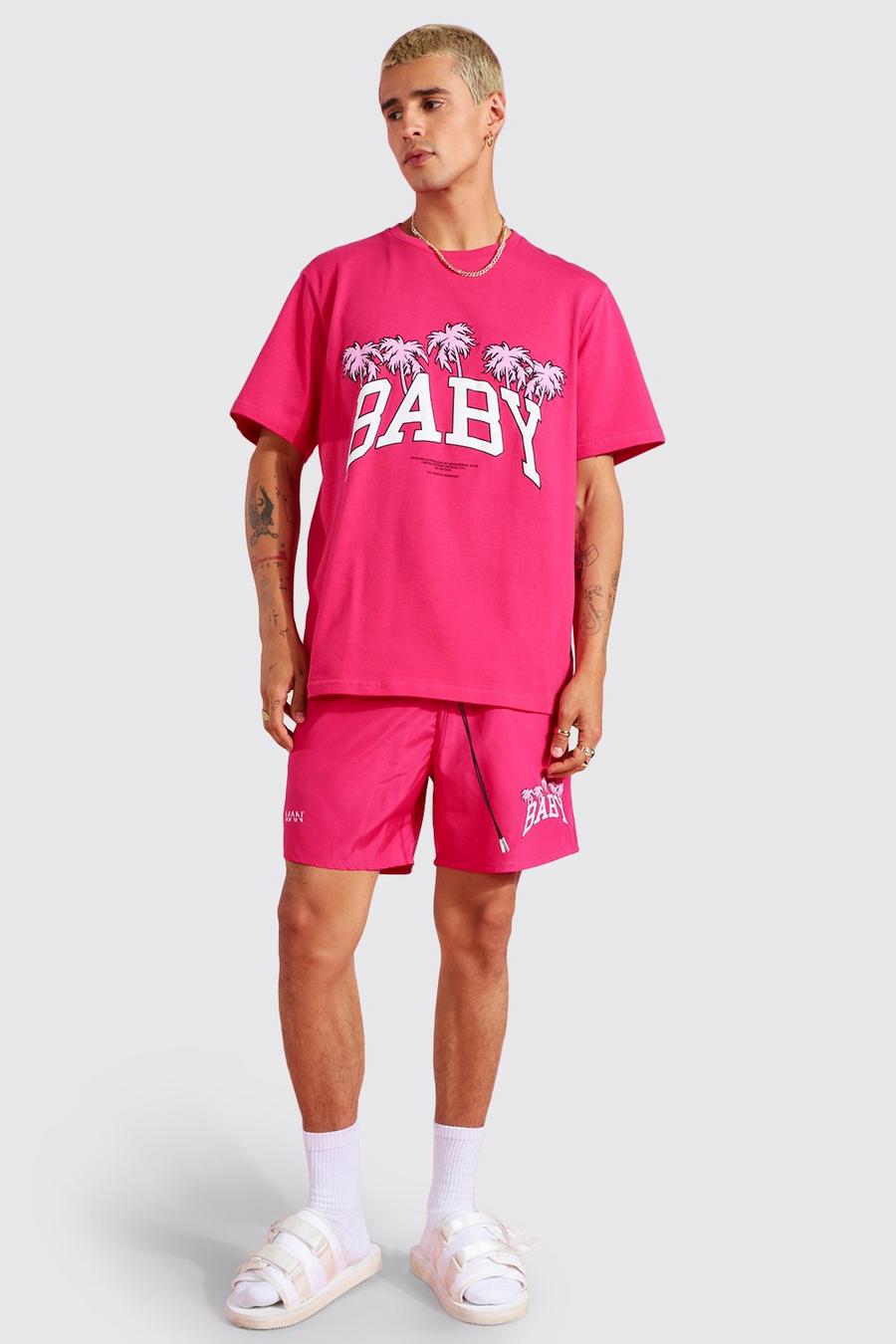 Badehose und T-Shirt mit Palmen-Print, Pink rose image number 1
