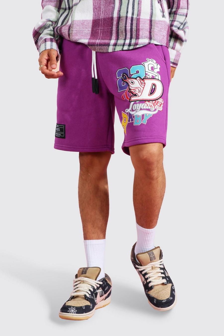Gemusterte Jersey-Shorts mit D-Aufnäher, Purple image number 1