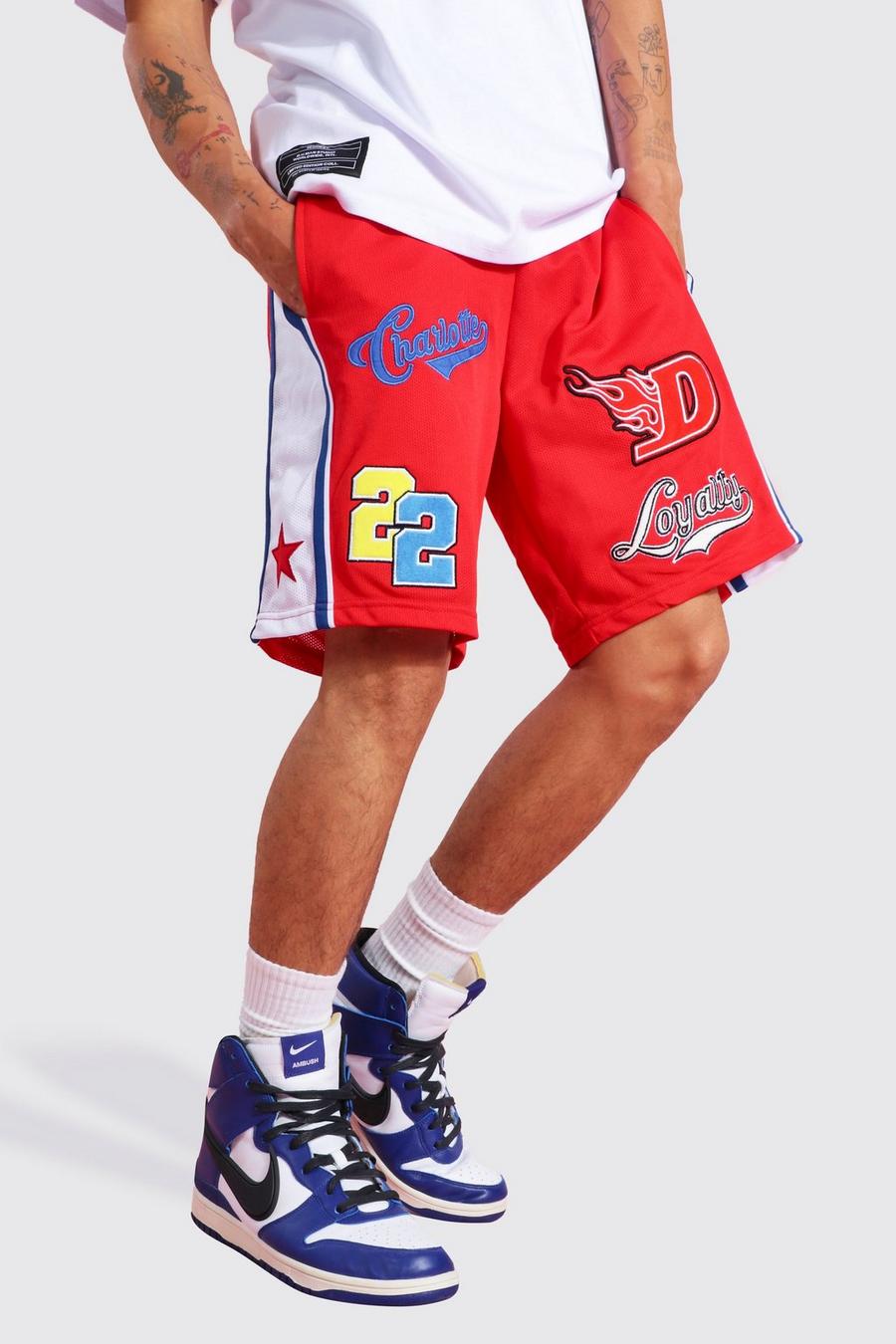 Red Basketball Short With Badges image number 1