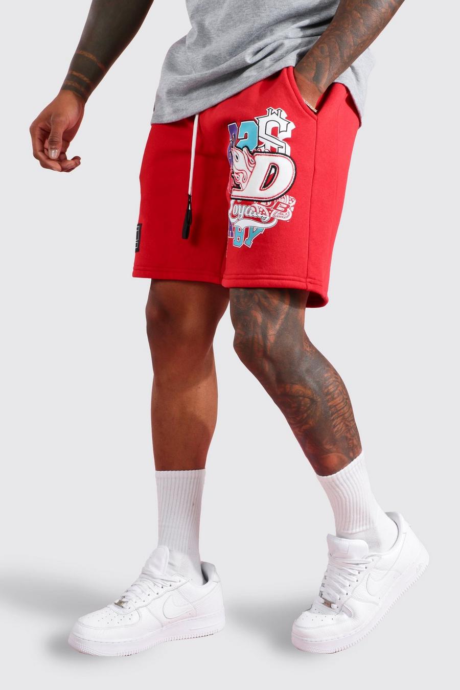 Red Printed Jersey Short With D Badge image number 1