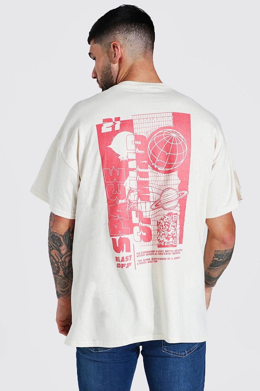 Camiseta oversize con estampado gráfico espacial en la espalda, Ecru blanco image number 1