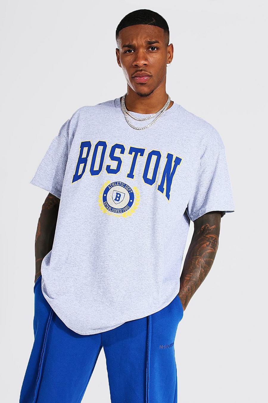 T-shirt oversize Boston stile Varsity, Grey marl grigio