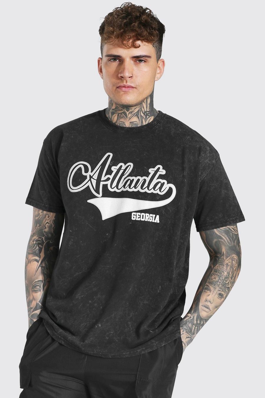 Charcoal gris Oversized Acid Wash Gebleekt Atlanta Varsity T-Shirt image number 1