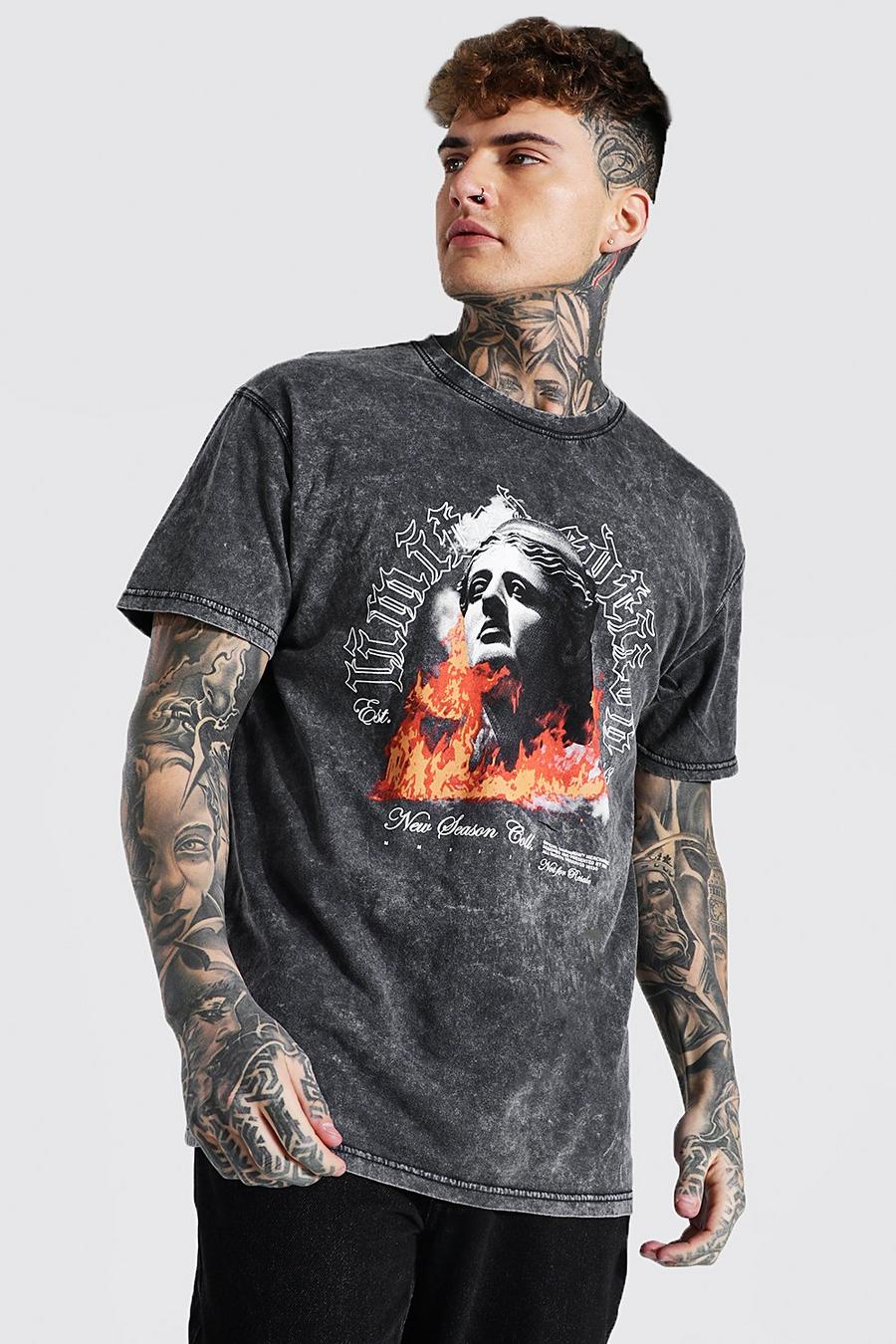 Charcoal grey Oversized Acid Wash Gebleekt Standbeeld T-Shirt image number 1