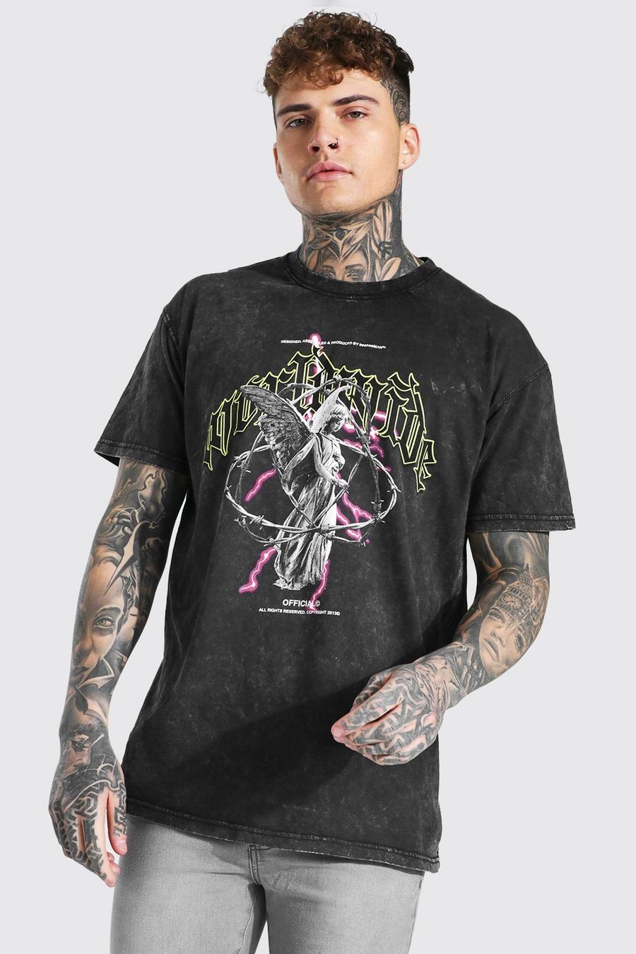 Charcoal grey Oversized Worldwide Acid Wash Graphic T-shirt