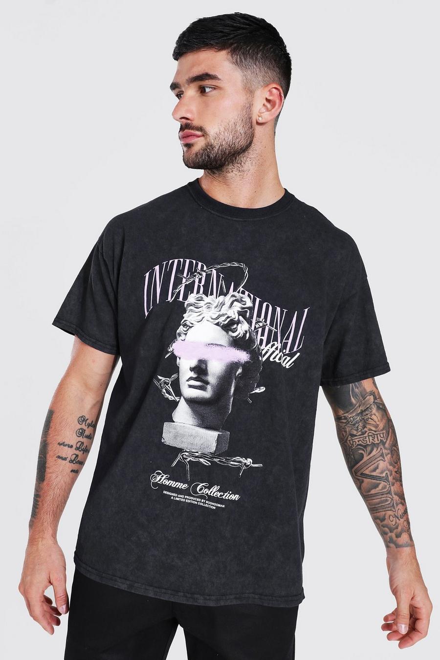 Camiseta oversize con lavado de ácido y estampado gráfico de estatua, Charcoal gris image number 1