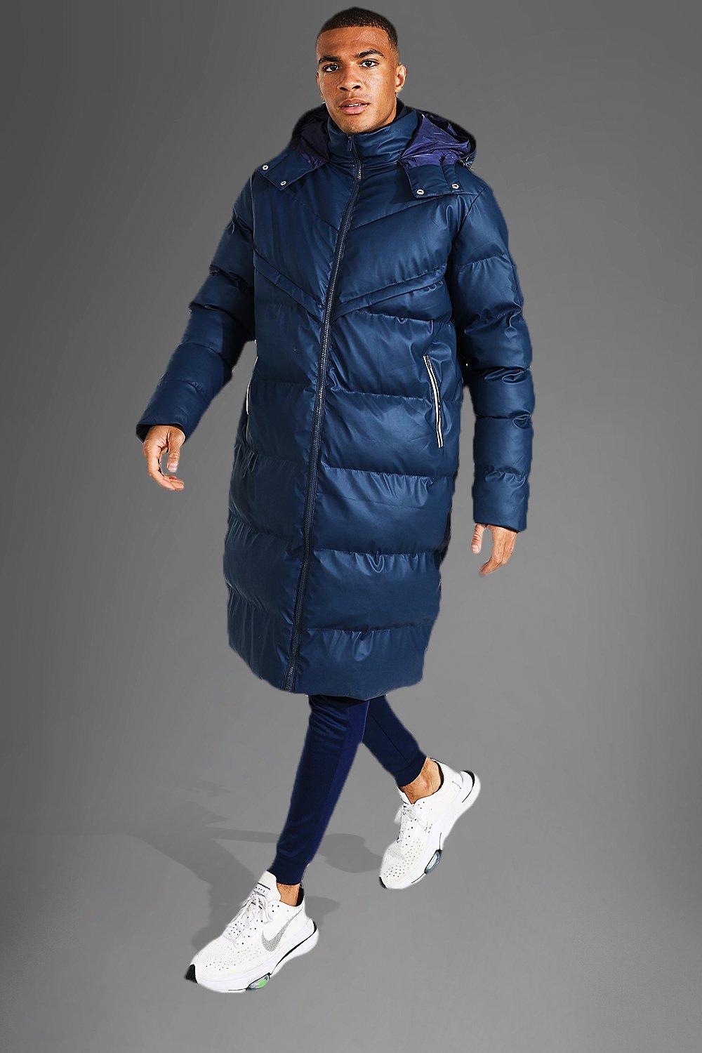 Mens Navy Longline Hooded Puffer Coat