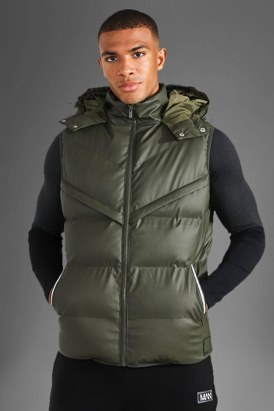 Khaki Active Gym Matte Hooded Puffer Body Warmer image number 1