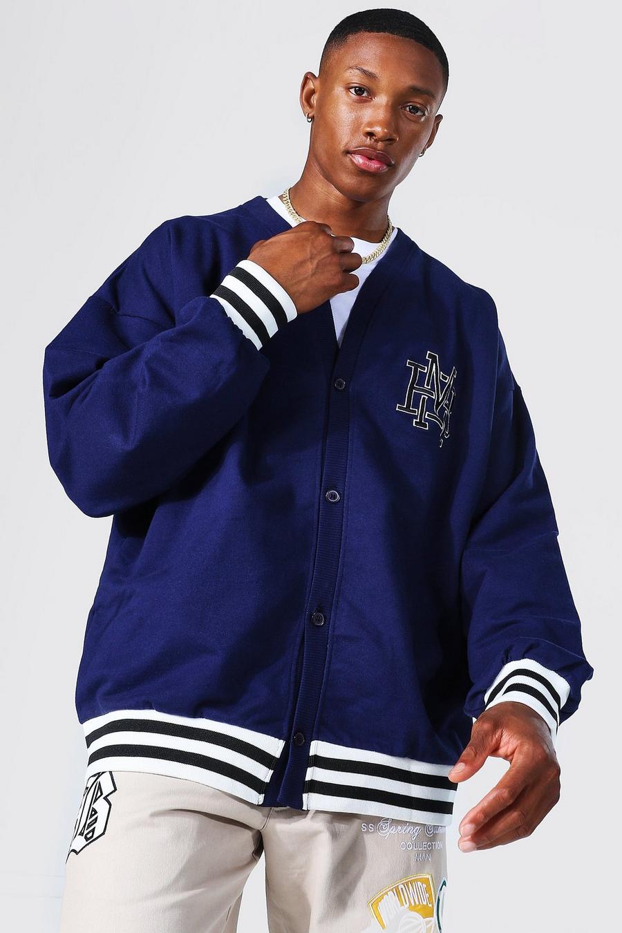 Cárdigan oversize de tela jersey y canalé deportivo universitario, Navy azul marino image number 1