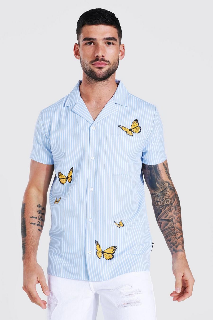 Camisa de manga corta de tela popelina con solapas y mariposas, Blue azzurro image number 1