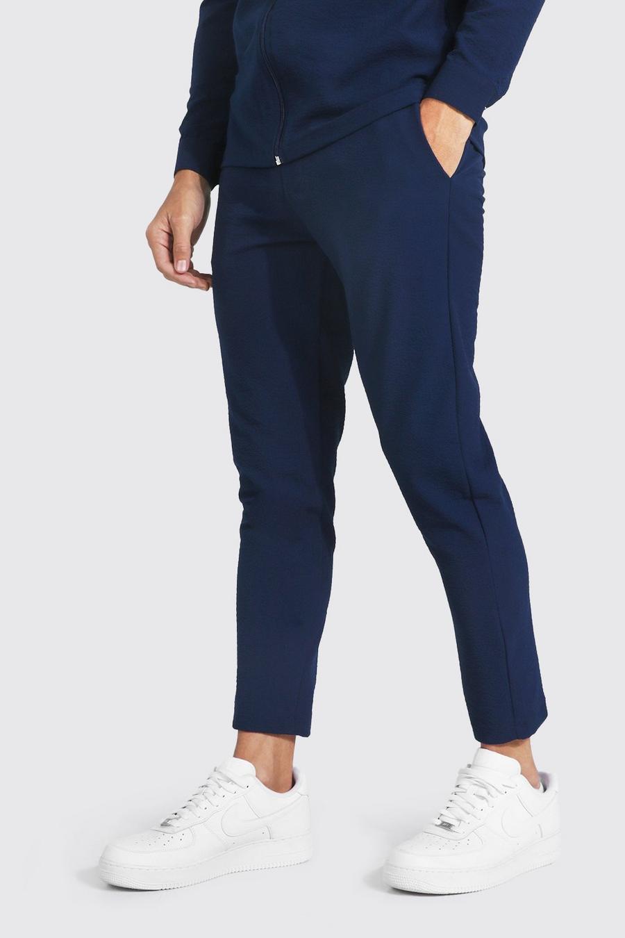 Crop-Hose aus Seersucker mit elastischer Taille, Slim Fit, Marineblau navy image number 1