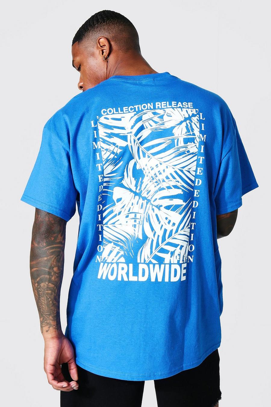 Cobalt blue Oversized Palm Print T-Shirt Met Rugopdruk image number 1