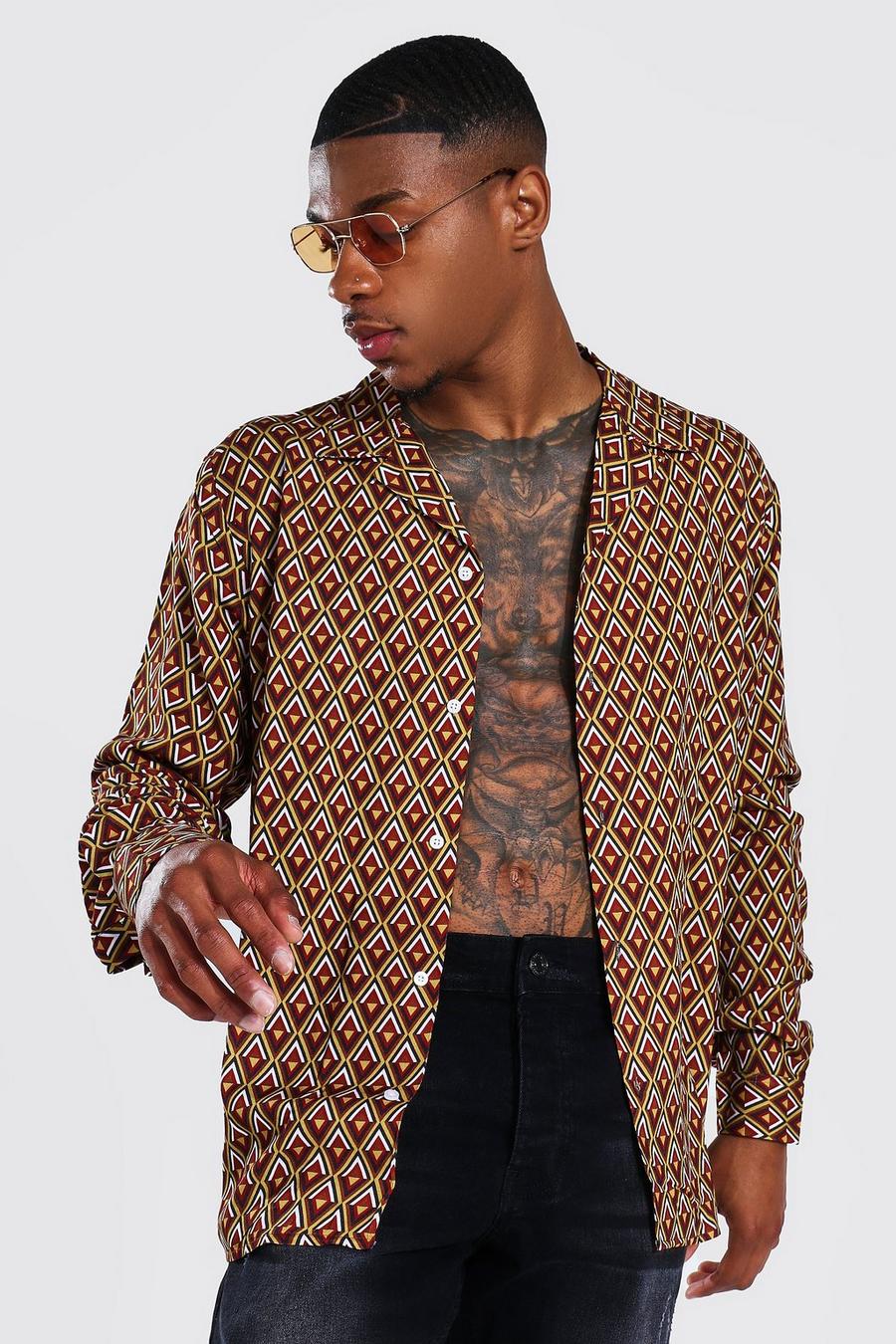 Rust Long Sleeve Viscose Revere Geometric Shirt image number 1