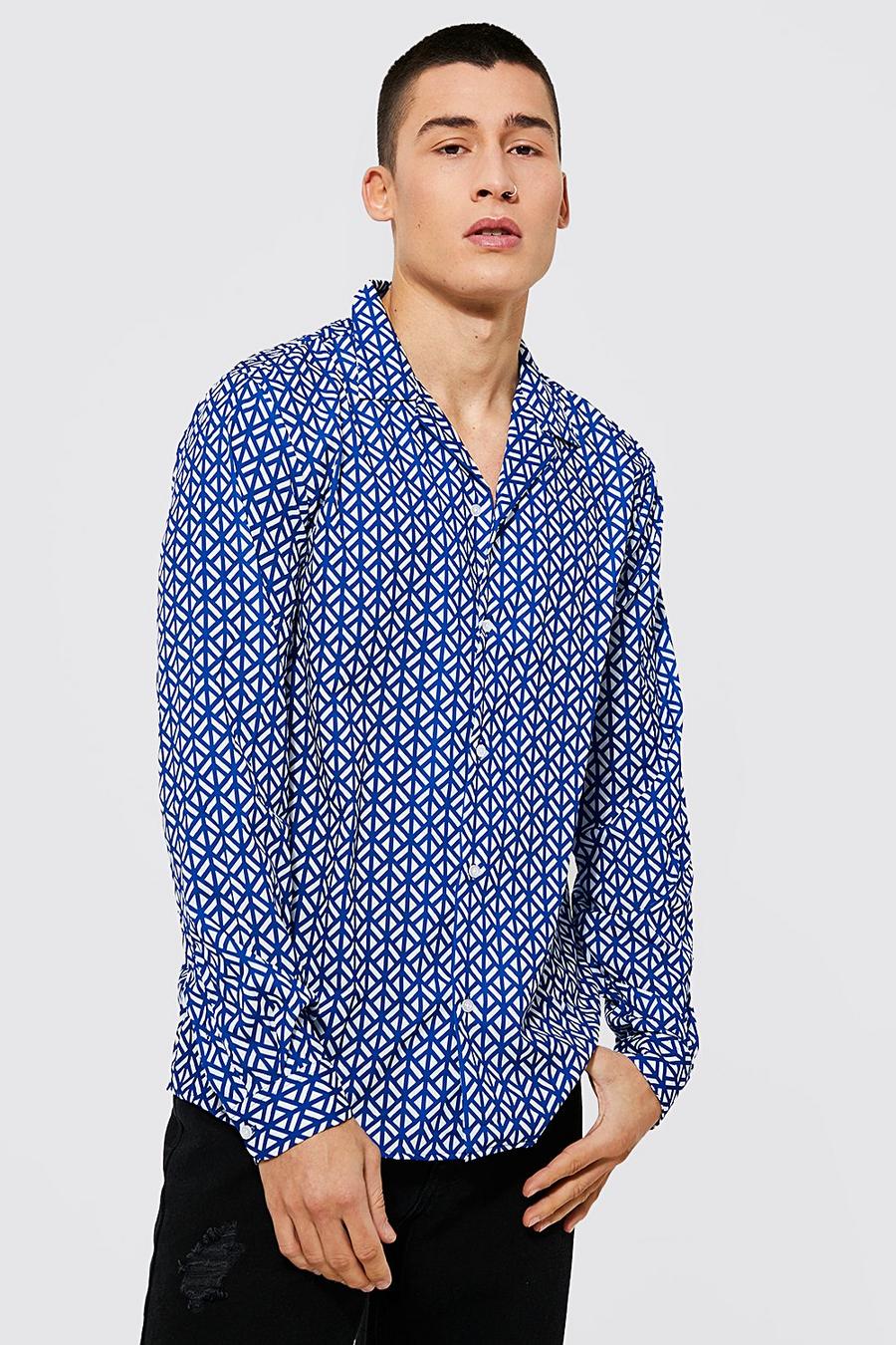 Camisa de manga larga con solapas y estampado geométrico, Blue azzurro image number 1