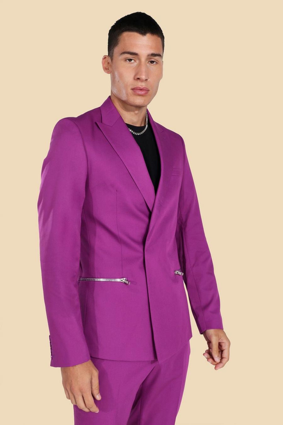 Chaqueta de traje ajustada con botonadura doble, Purple morado image number 1