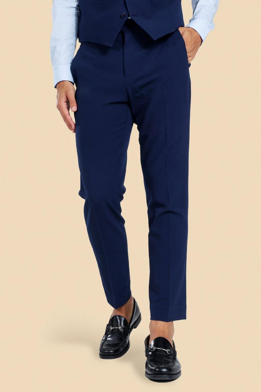 Navy marinblå Seersucker Slim Crop Suit Trousers image number 1