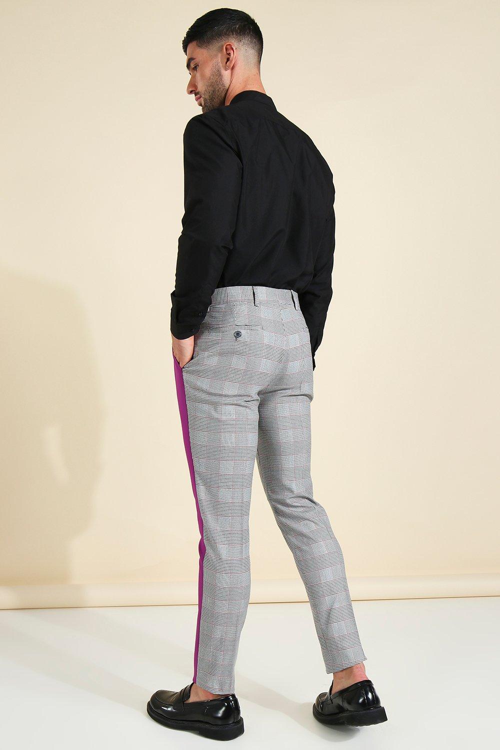 Check trousers with hot sale side stripe mens