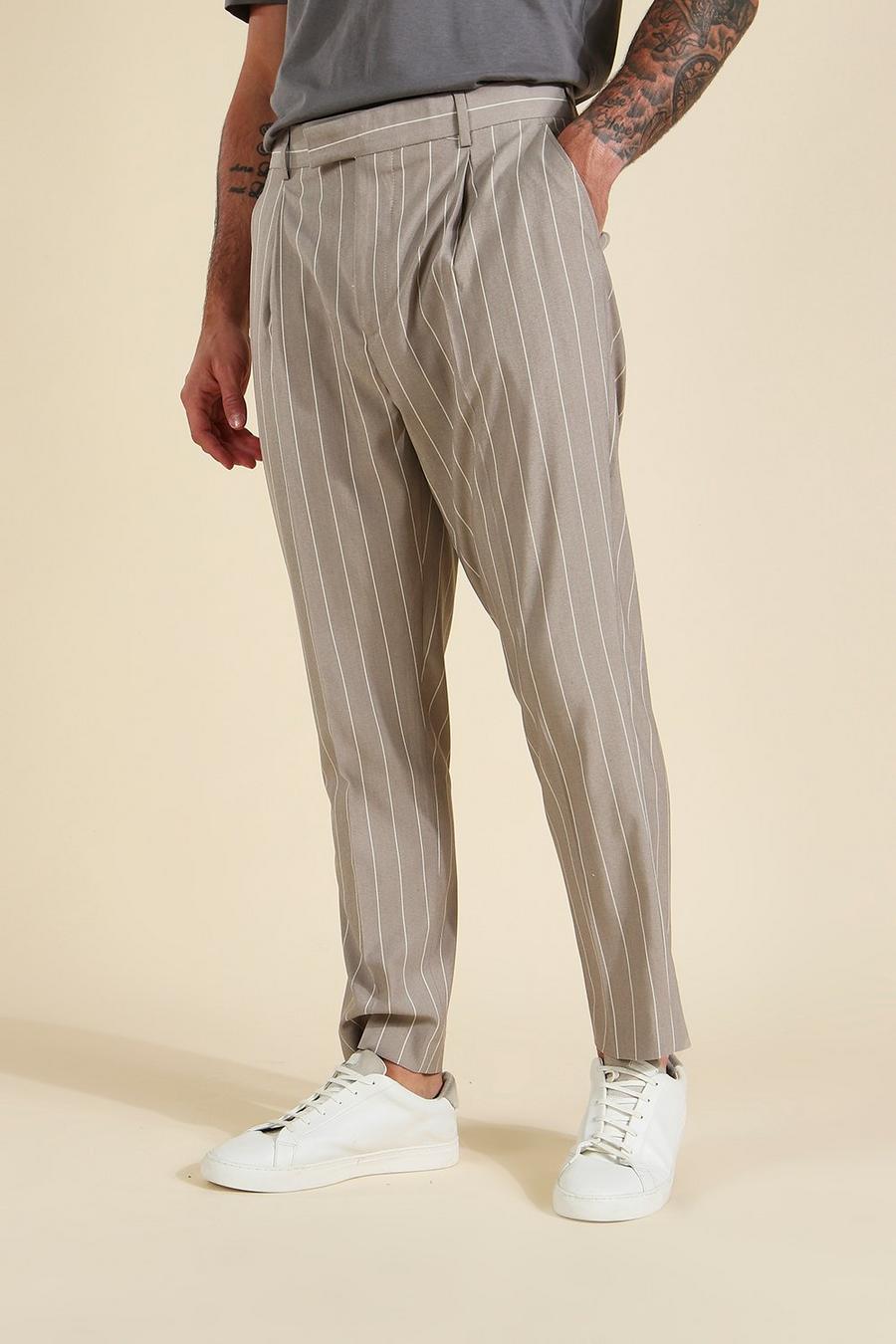 Taupe Tapered Pinstripe Crop Tailored Pants image number 1
