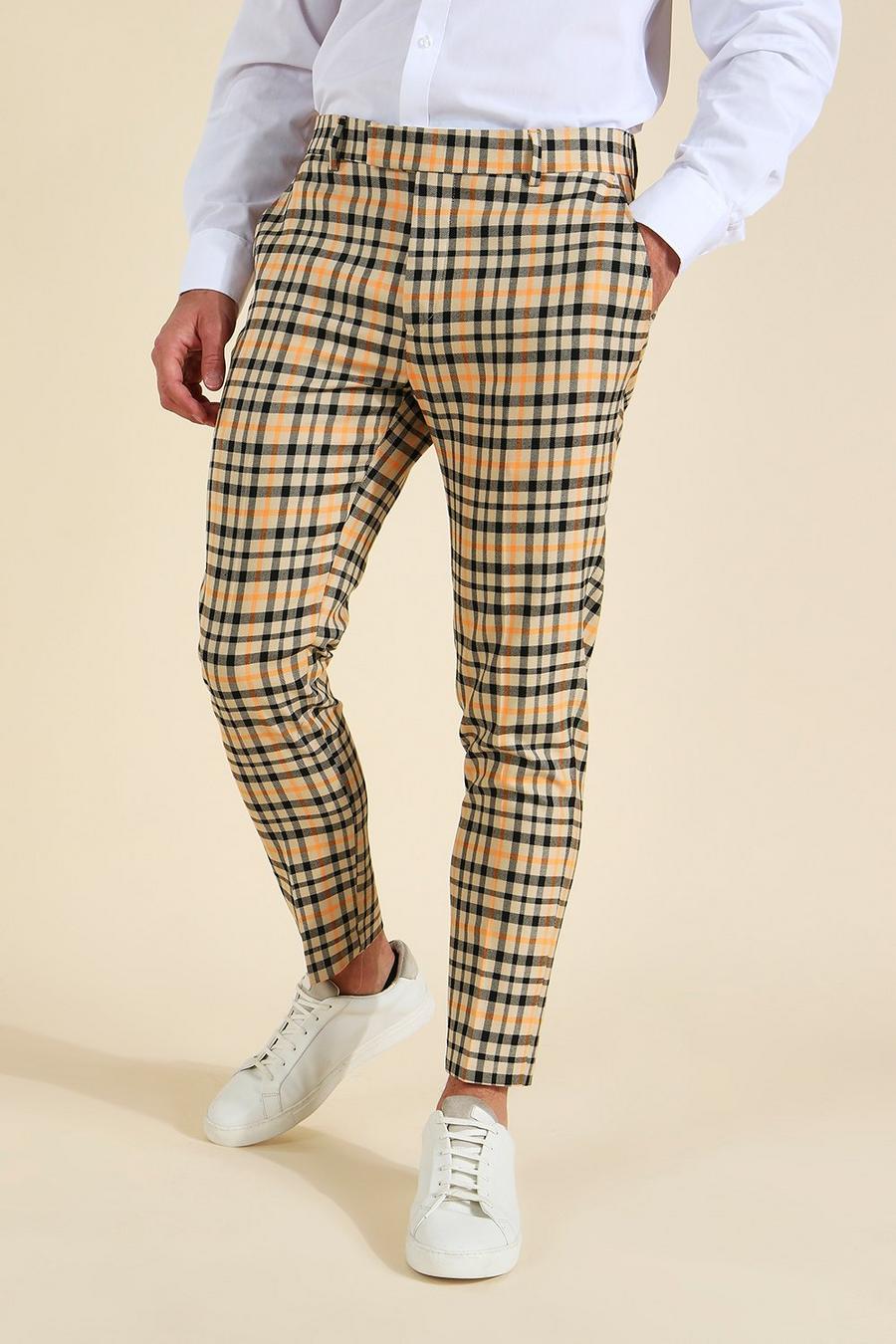 Pantaloni Super Skinny Fit a quadri in colori fluo, taglio sartoriale, Beige image number 1