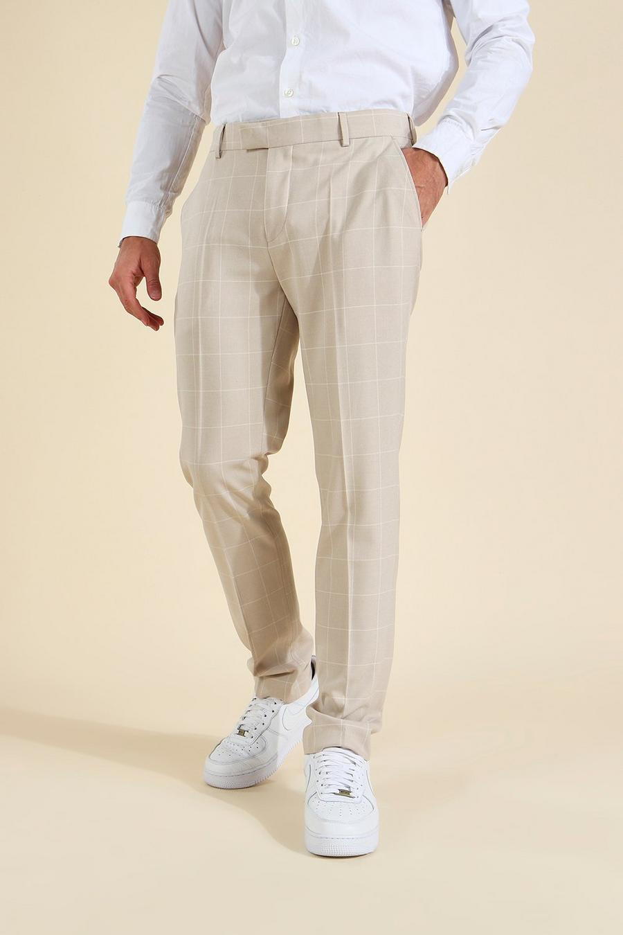 Beige Skinny Windowpane Check Tailored Trouser image number 1