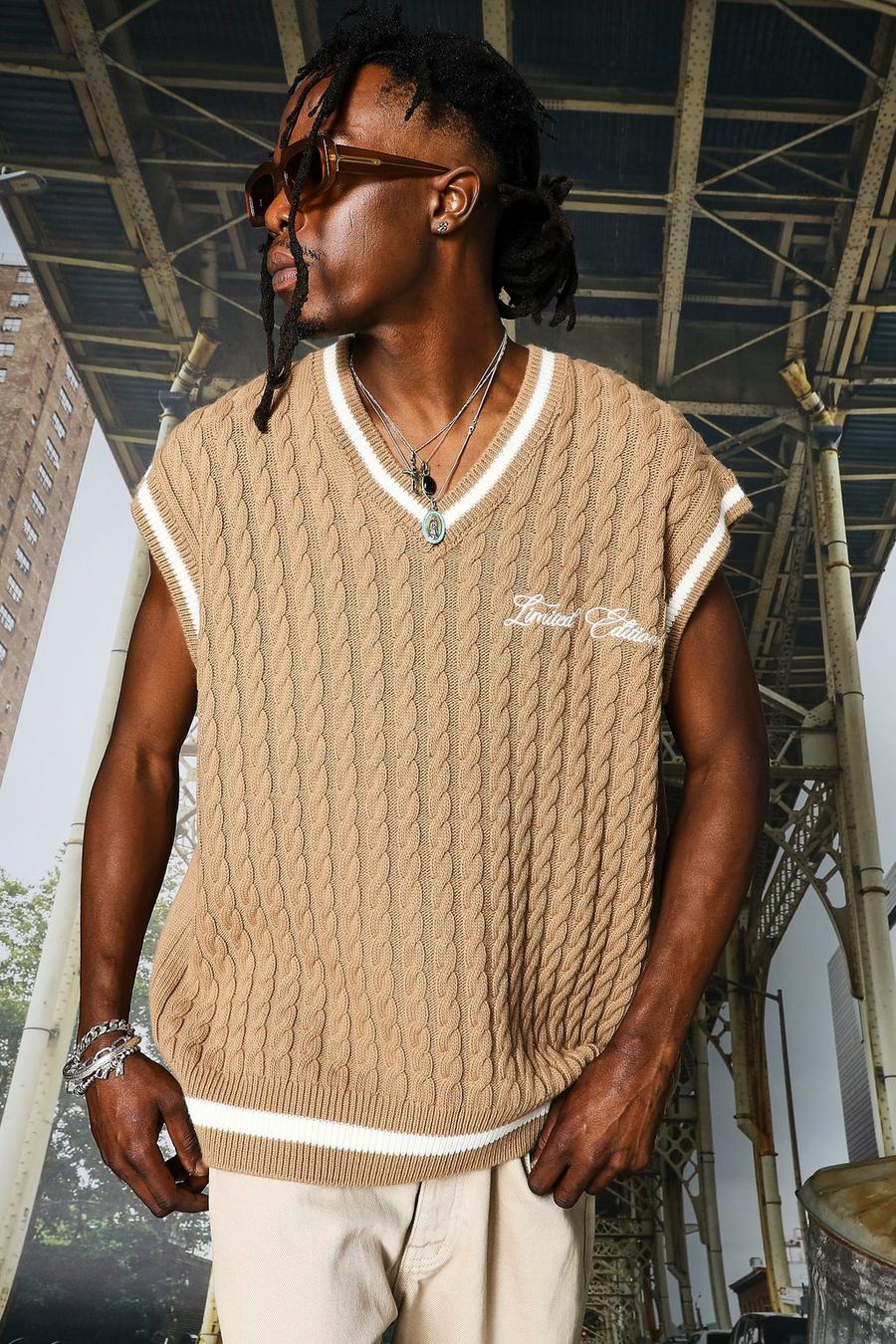 Camel Oversized Cable Knitted Vest image number 1