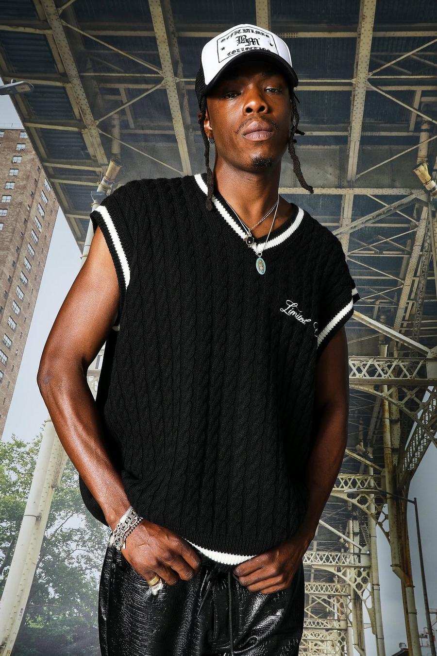 Black Oversized Cable Knitted Vest image number 1