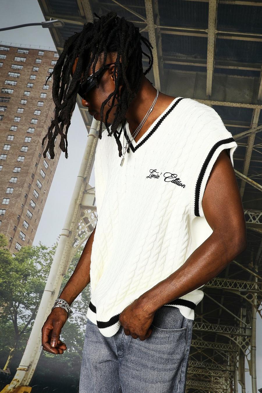 Ecru white Oversized Cable Knitted Vest image number 1