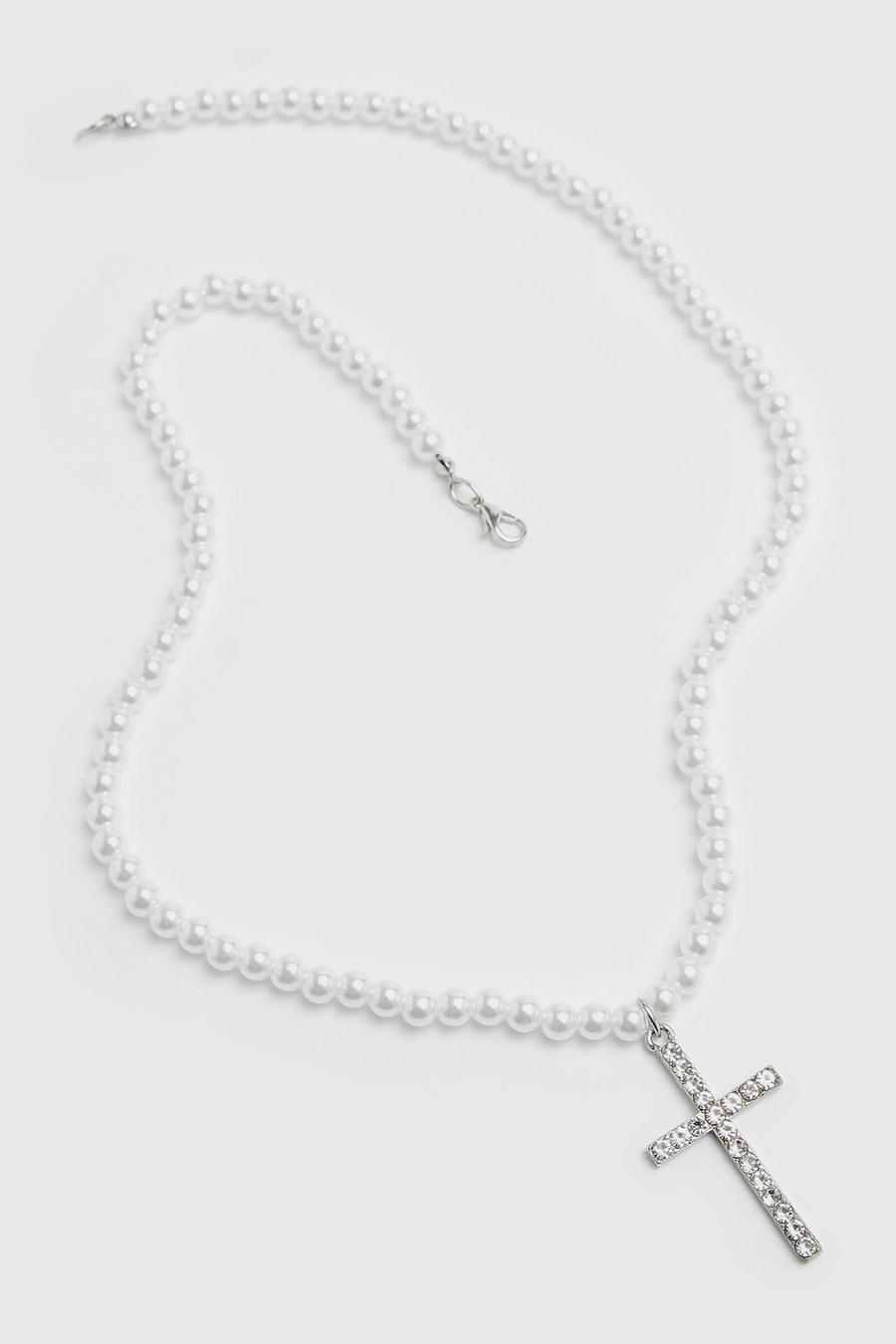 Perlenkette mit Kreuz-Anhänger, White image number 1